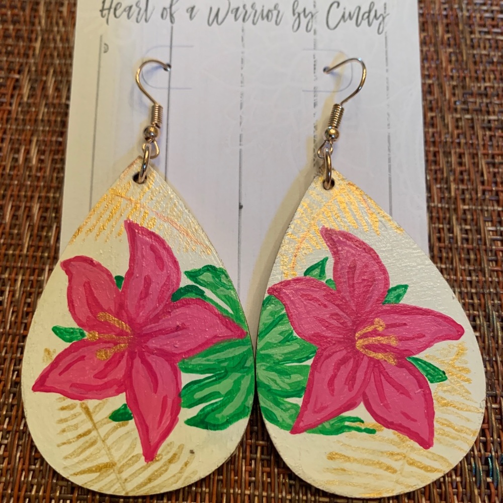 Hand-painted teardrop wooden earrings